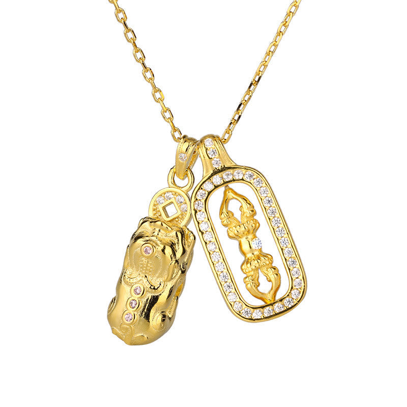 999 Sterling Silver Golden Pixiu Vajra Wealth Necklace Pendant