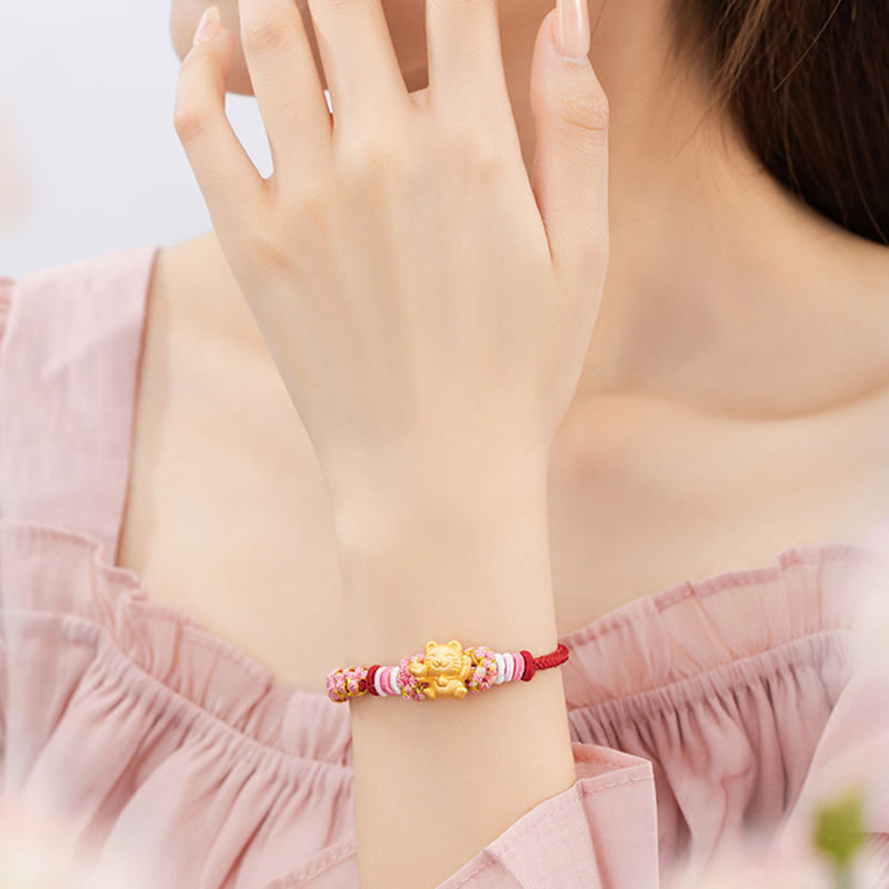 999 Sterling Silver Fortune Cat Red String Rope Bracelet