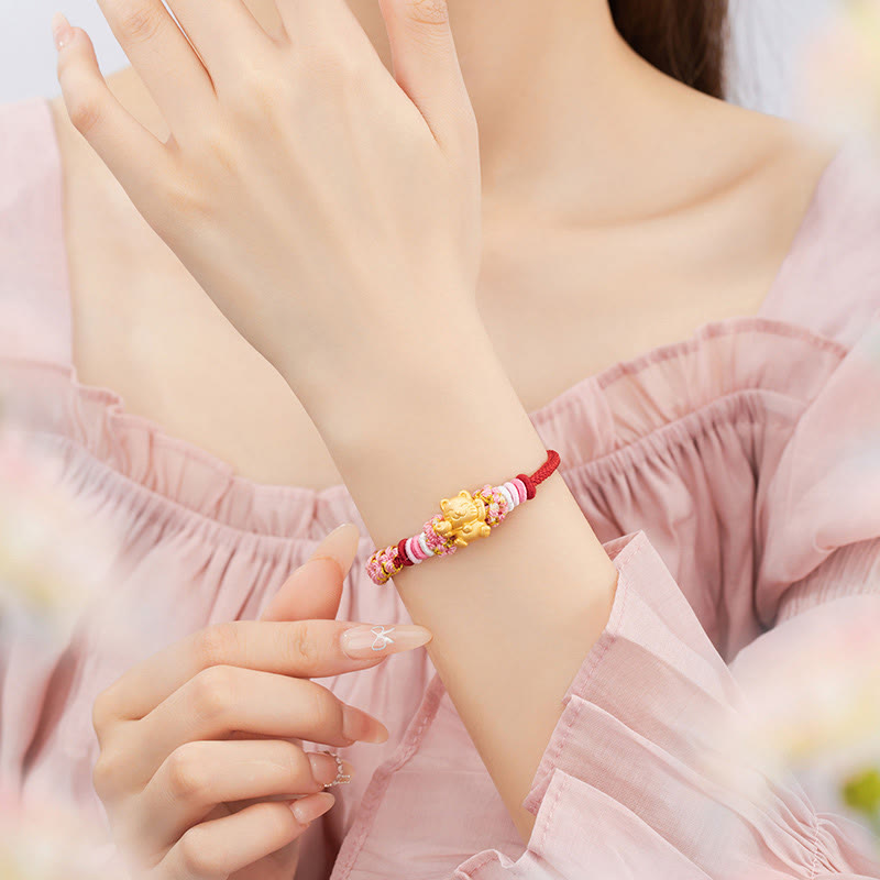 999 Sterling Silver Fortune Cat Red String Rope Bracelet