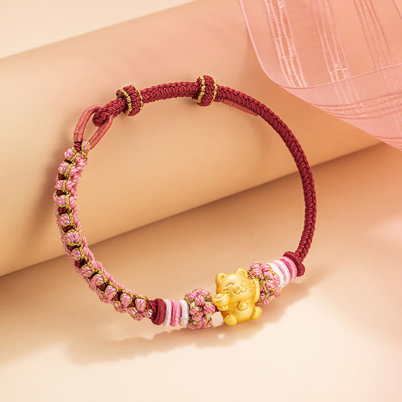 999 Sterling Silver Fortune Cat Red String Rope Bracelet