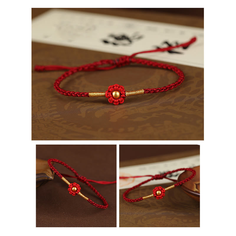 Red String Protection Bracelet with Gold Flower