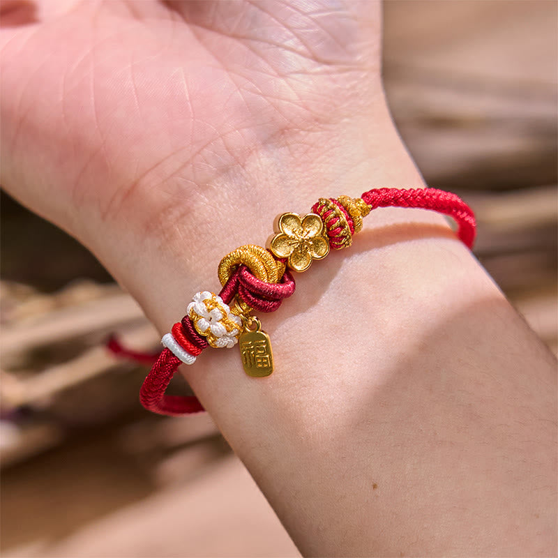 Red String Bracelet with Peach Blossom Charm for Luck & Protection
