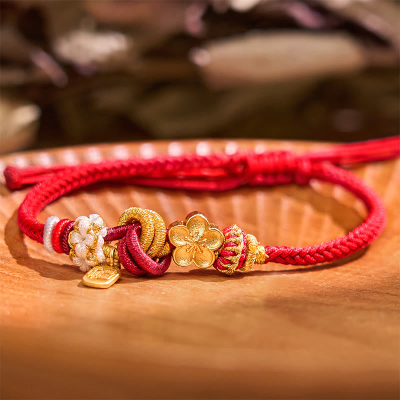 Red String Bracelet with Peach Blossom Charm for Luck & Protection