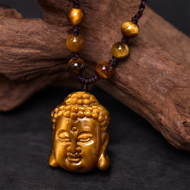 Tiger Eye Buddha Head Courage Necklace Pendant