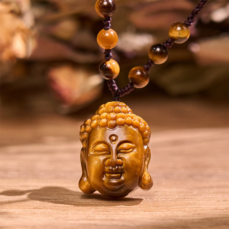 Tiger Eye Buddha Head Courage Necklace Pendant