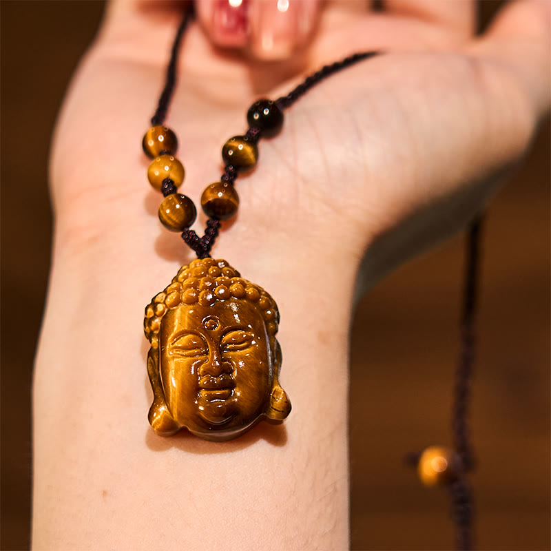 Tiger Eye Buddha Head Courage Necklace Pendant