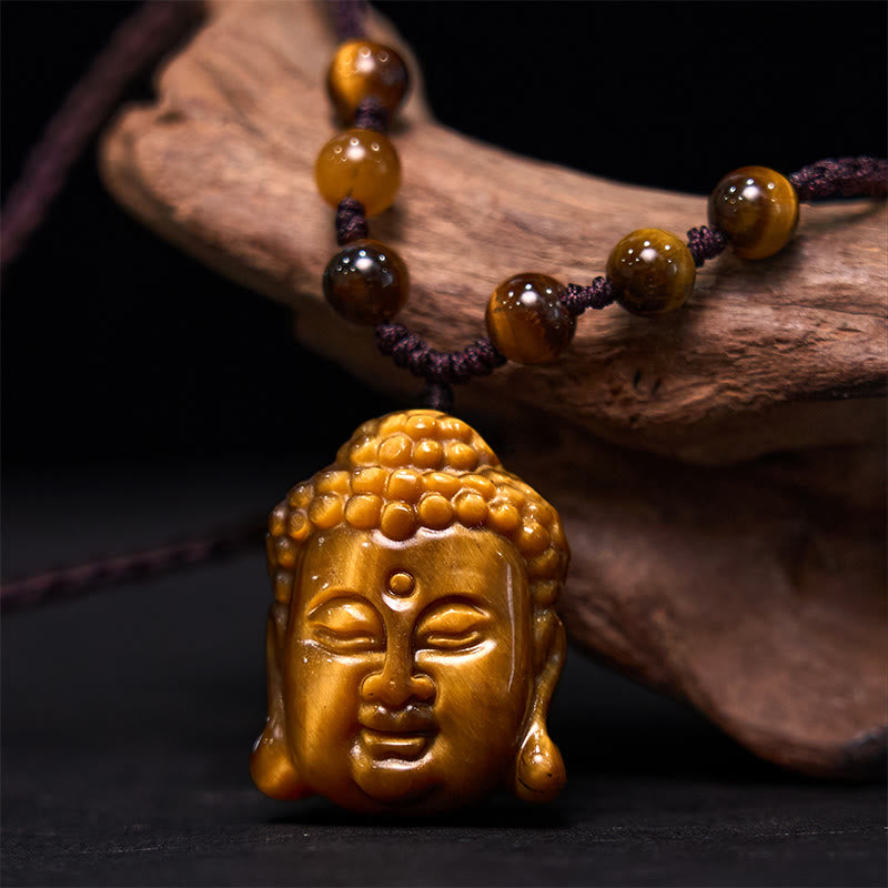 Tiger Eye Buddha Head Courage Necklace Pendant