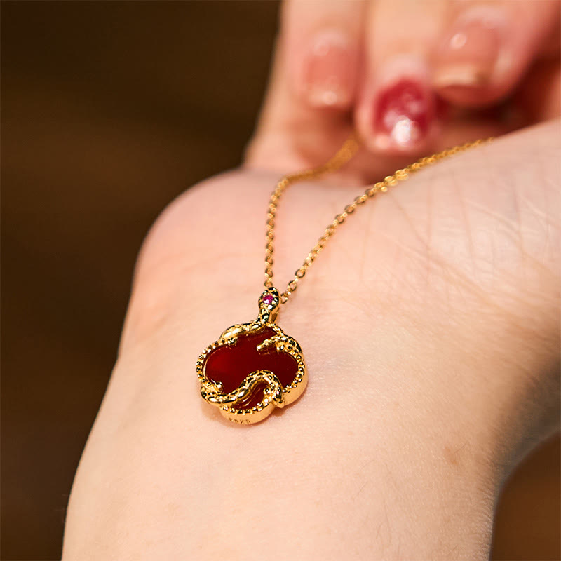 925 Sterling Silver Red Agate Snake Year Blessing Necklace