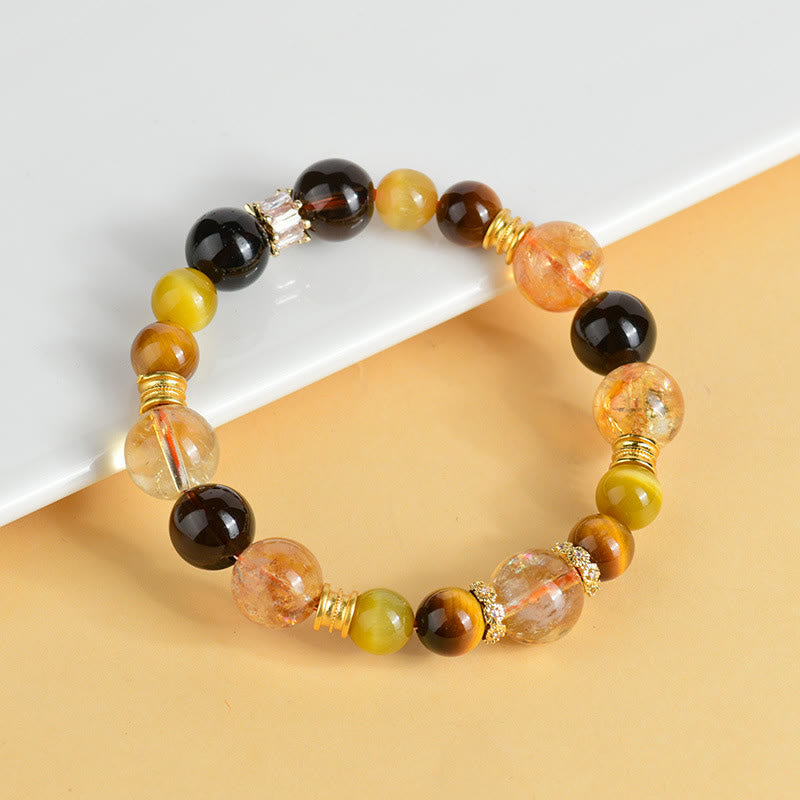 11mm Citrine Smoky Quartz Tiger Eye Prosperity Bracelet