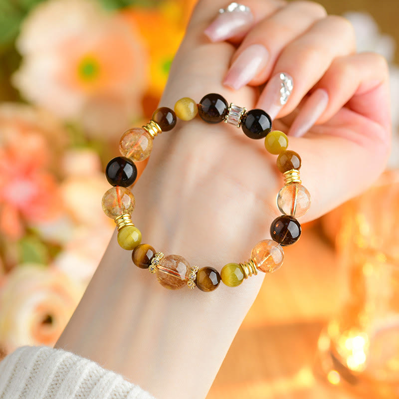 11mm Citrine Smoky Quartz Tiger Eye Prosperity Bracelet