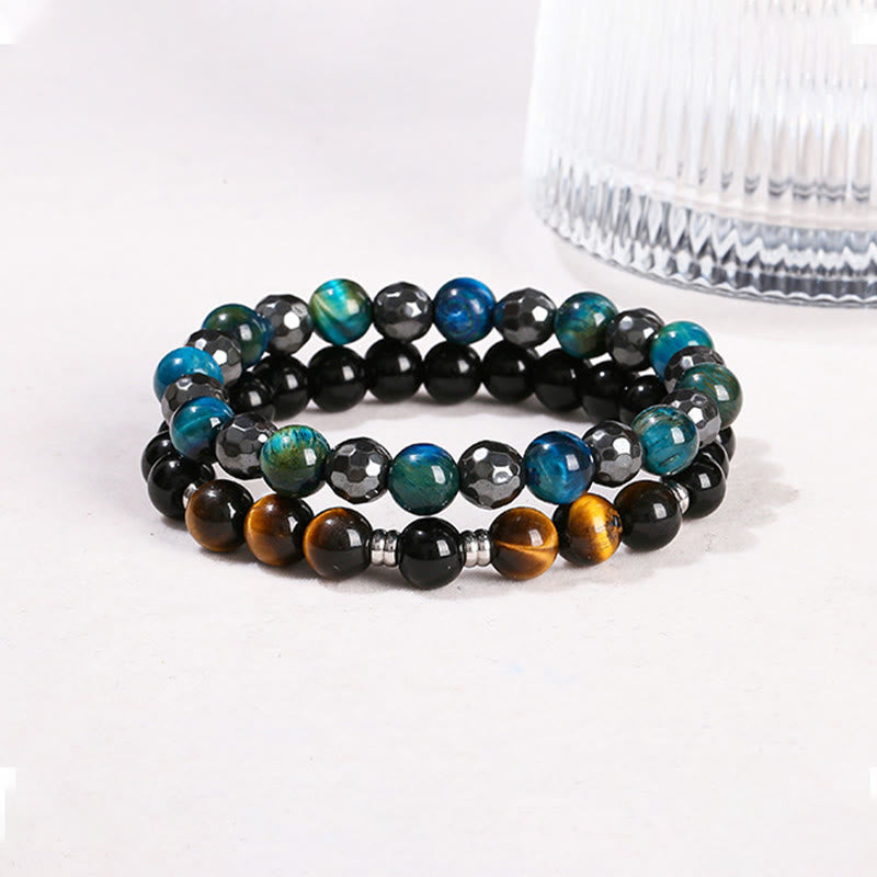 8mm Hematite Blue Tiger Eye Bracelet Set - Protection Design