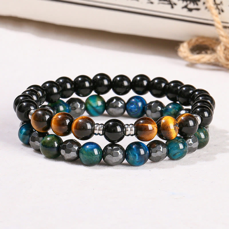 8mm Hematite Blue Tiger Eye Bracelet Set - Protection Design
