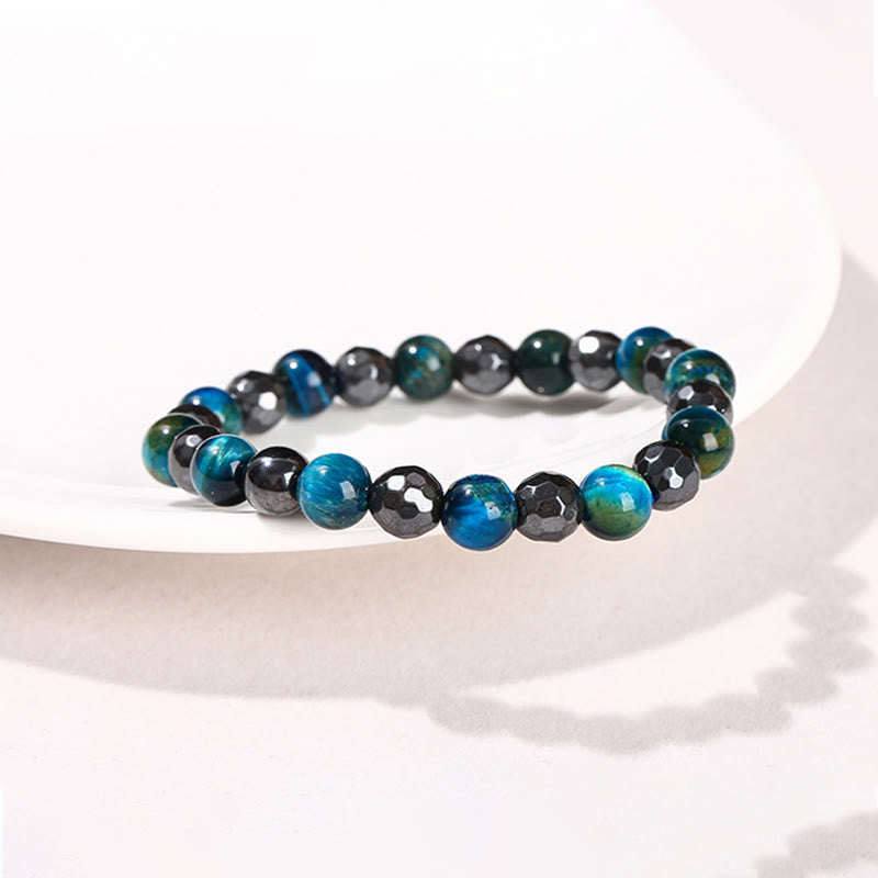 8mm Hematite Blue Tiger Eye Bracelet Set - Protection Design