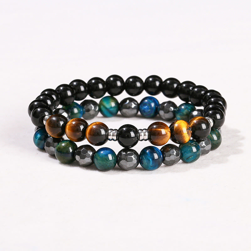 8mm Hematite Blue Tiger Eye Bracelet Set - Protection Design