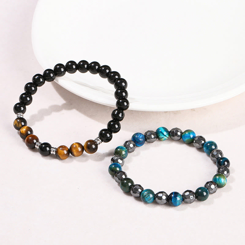 8mm Hematite Blue Tiger Eye Bracelet Set - Protection Design