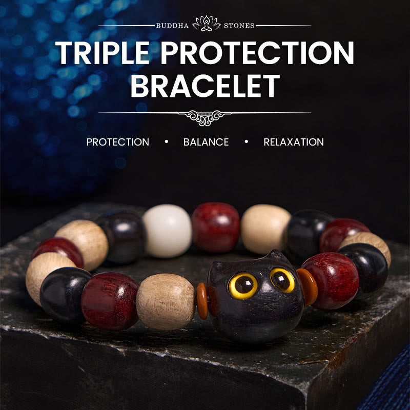 Small Leaf Red Sandalwood Protection Bracelet with Cute Cat Engraving