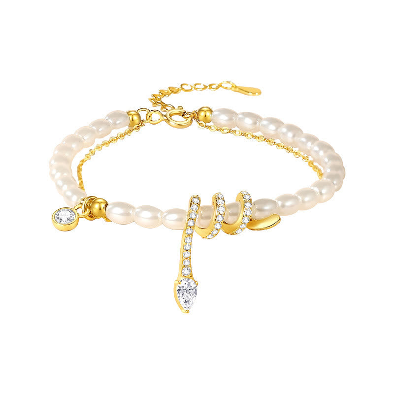 925 Sterling Silver Pearl Year of the Snake Bracelet Necklace