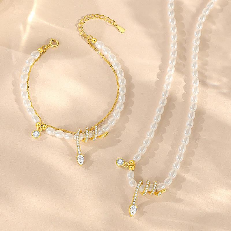 925 Sterling Silver Pearl Year of the Snake Bracelet Necklace