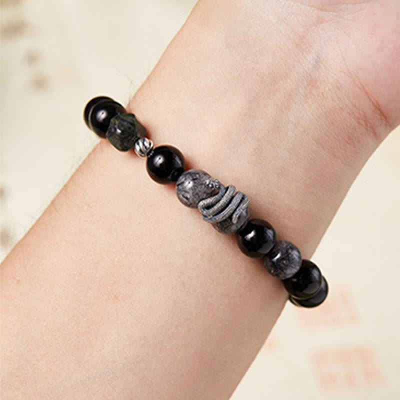 Obsidian & Rutilated Quartz Snake Bracelet