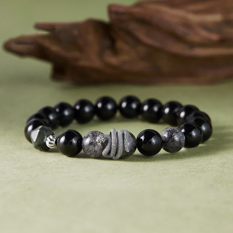Obsidian & Rutilated Quartz Snake Bracelet