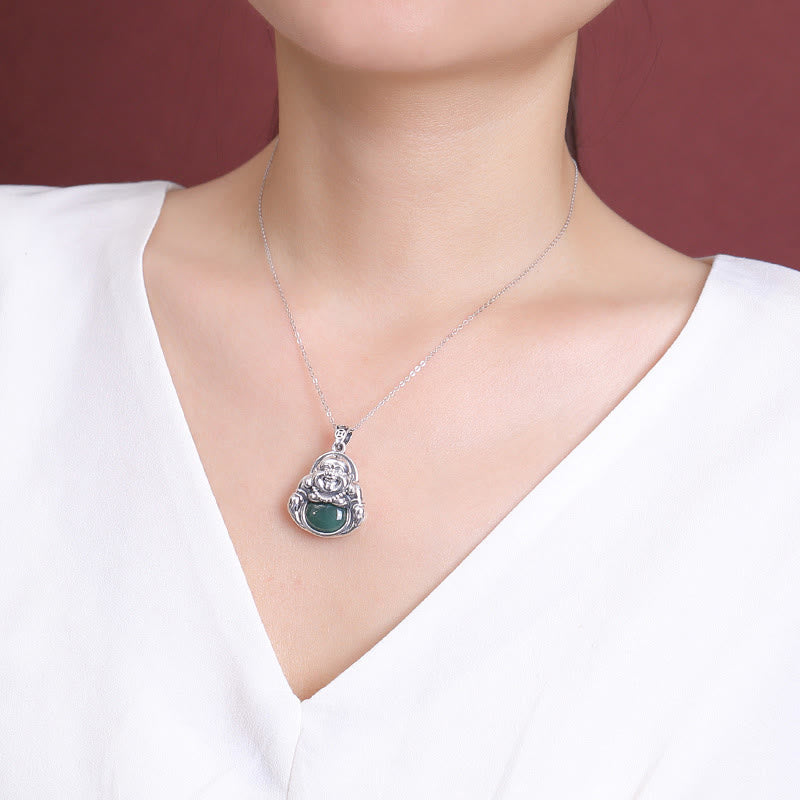 Cyan Jade Buddha Necklace for Success & Healing | 999 Silver