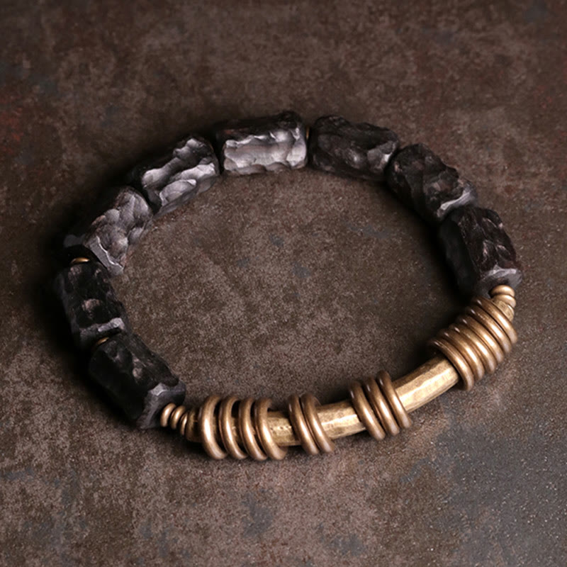 8.5mm Ebony Wood Peace Bracelet with Copper Rings 14-17.5cm
