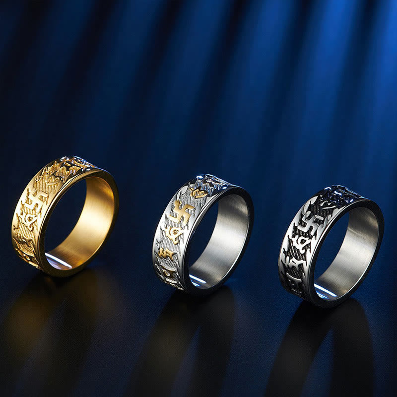 Unisex Titanium Steel Om Mani Padme Hum Ring - Six True Words Symbolism