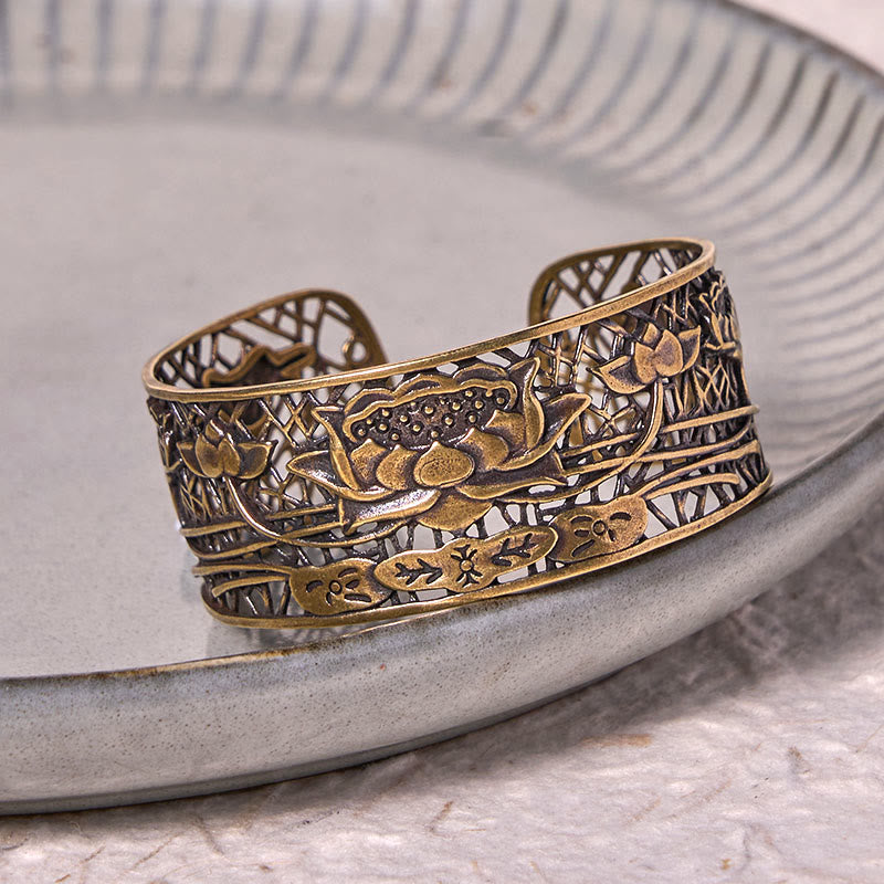 Adjustable Silver Plated Copper Lotus Bracelet Bangle