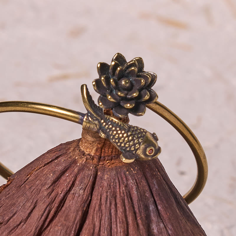 Adjustable Copper Lotus Flower Koi Fish Bracelet Bangle for Luck & Enlightenment