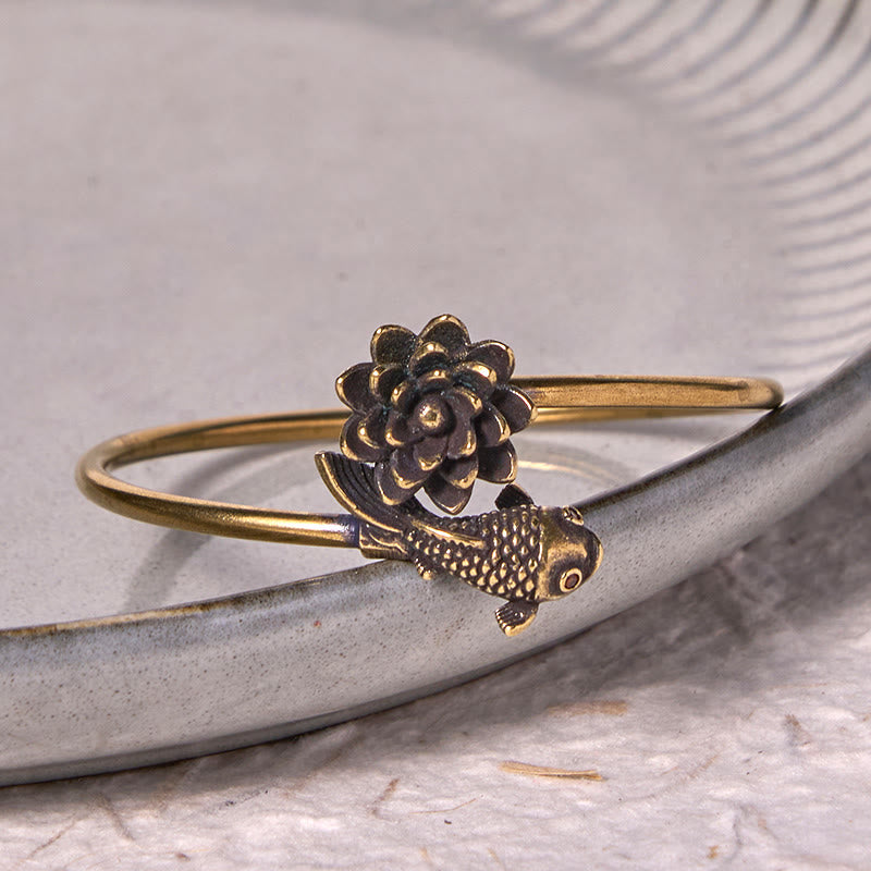 Adjustable Copper Lotus Flower Koi Fish Bracelet Bangle for Luck & Enlightenment
