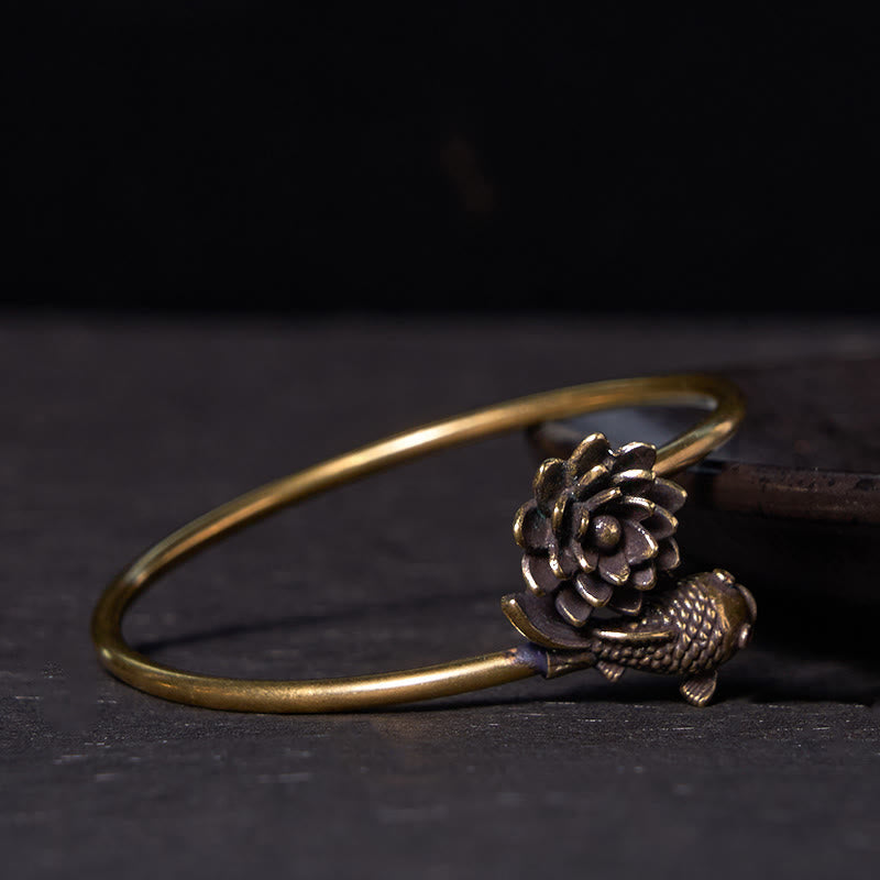 Adjustable Copper Lotus Flower Koi Fish Bracelet Bangle for Luck & Enlightenment