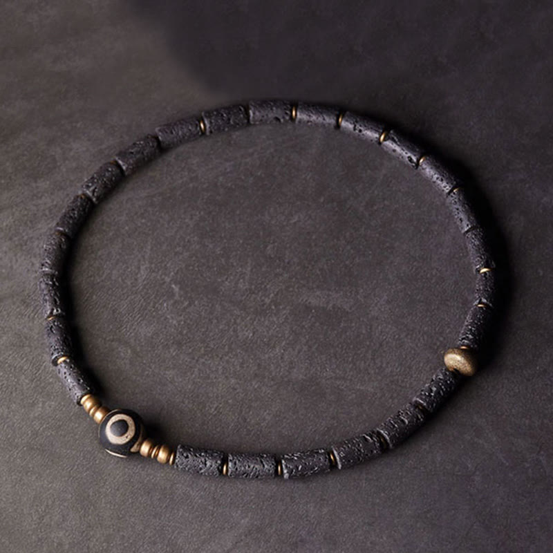6mm Lava Rock Three-eyed Dzi Bead Brass Wrap Bracelet for Calm