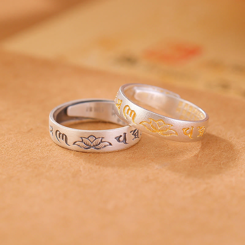 Om Mani Padme Hum Sterling Silver Lotus Adjustable Ring