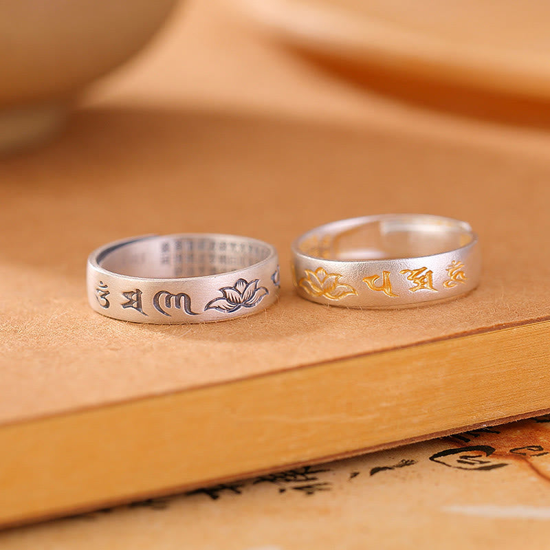 Om Mani Padme Hum Sterling Silver Lotus Adjustable Ring