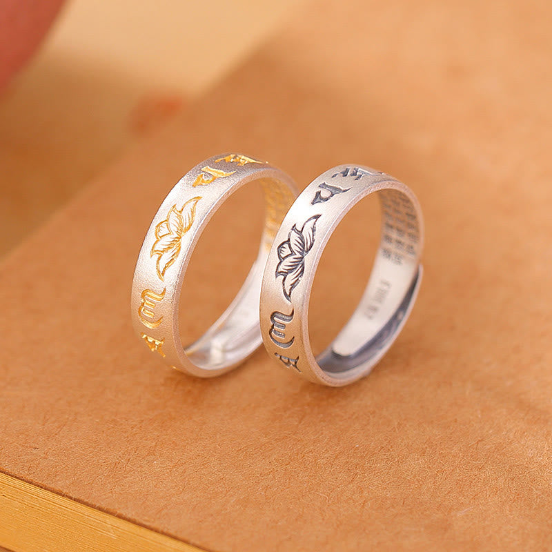 Om Mani Padme Hum Sterling Silver Lotus Adjustable Ring
