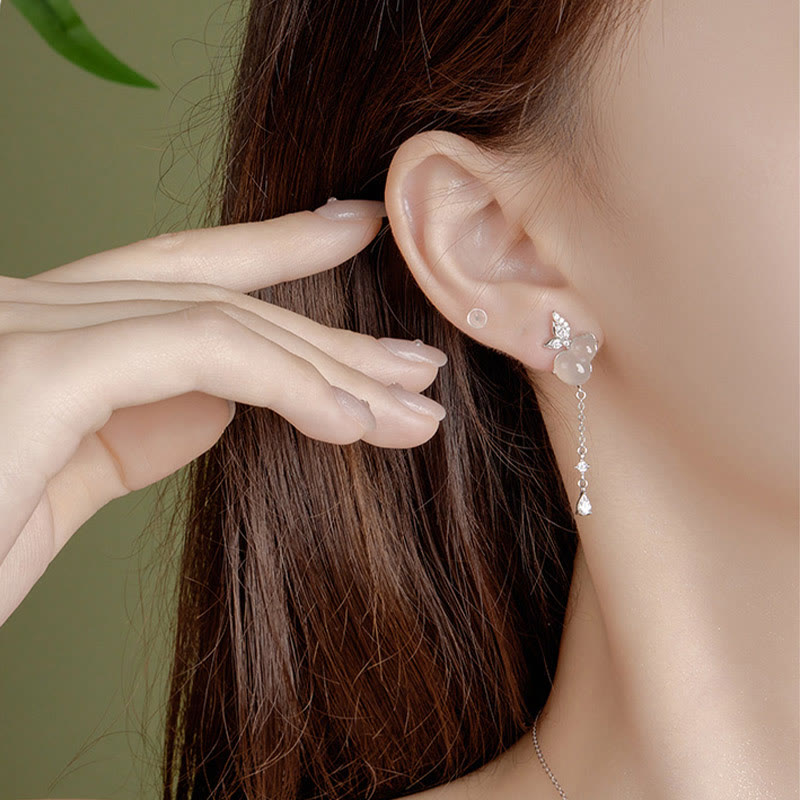 Unisex Hetian Jade and Chalcedony Sterling Silver Lucky Earrings