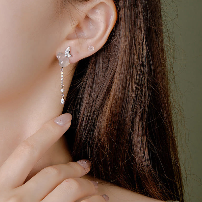 Unisex Hetian Jade and Chalcedony Sterling Silver Lucky Earrings