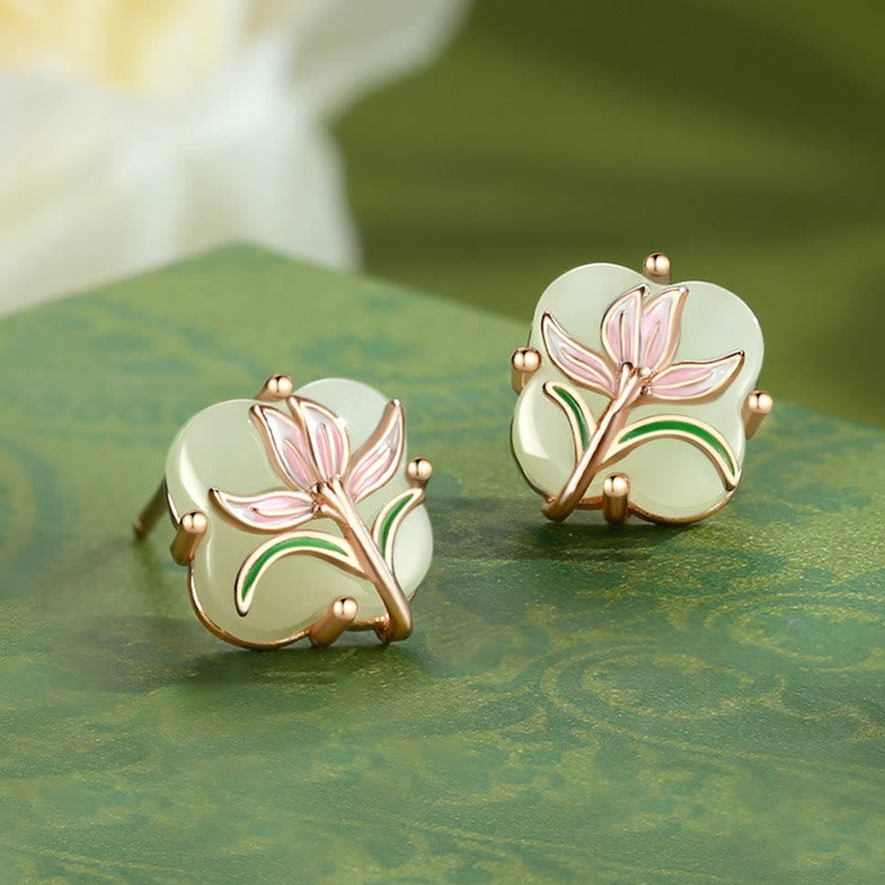 Unisex Hetian Jade and Chalcedony Sterling Silver Lucky Earrings