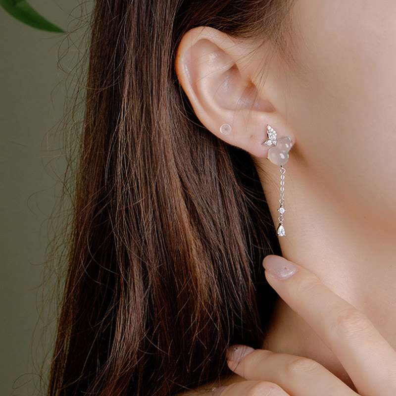 Unisex Hetian Jade and Chalcedony Sterling Silver Lucky Earrings
