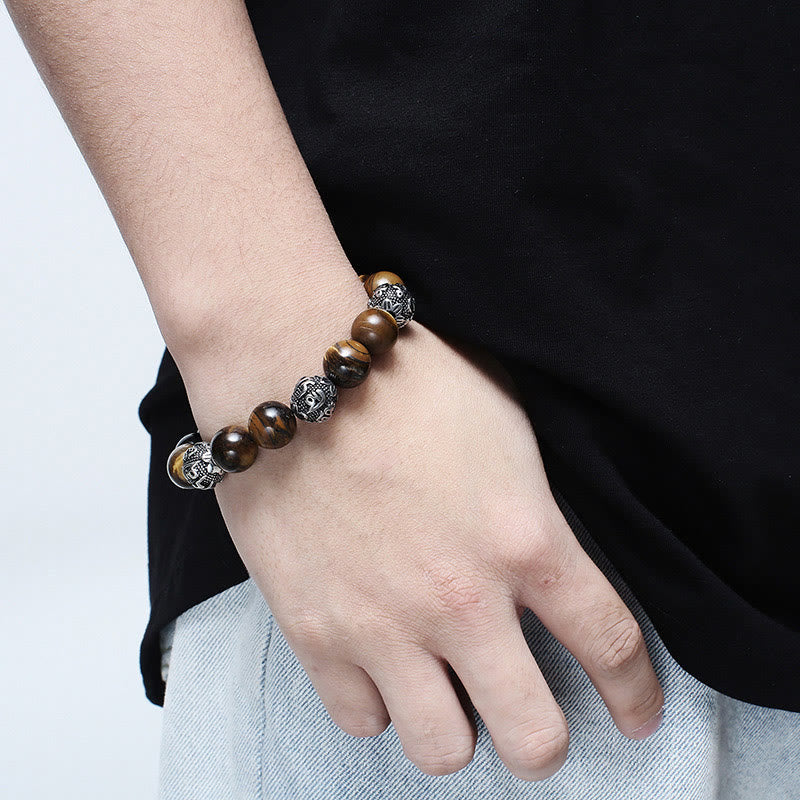 12mm Men's Lava Rock Om Mani Padme Hum Bracelet for Protection
