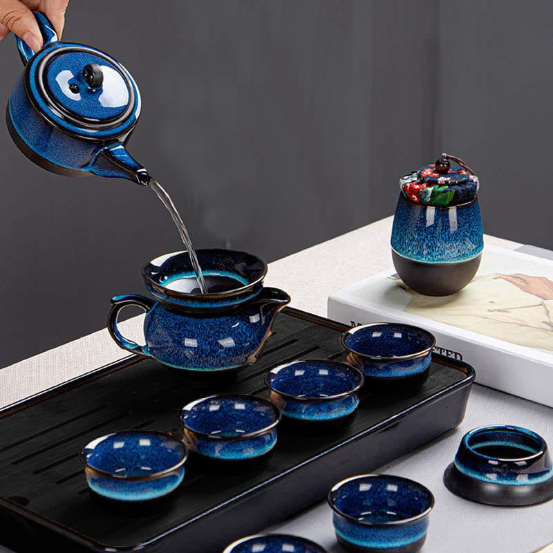 Blue Gradient Ceramic Gongfu Teapot Set for Zen Decor
