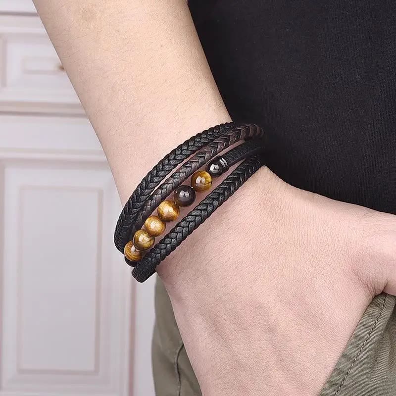 Tiger Eye Protection Leather Bracelet for Men 18-20cm
