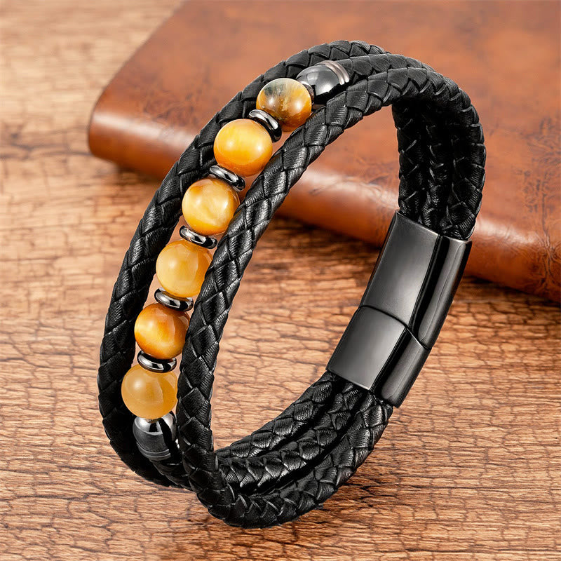8mm Tiger Eye Bead Positive Leather Balance Bracelet