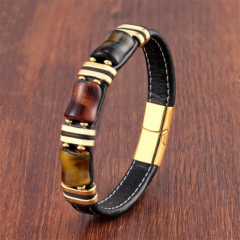 18-22cm Tiger Eye Protection Leather Bracelet with Bamboo Stones