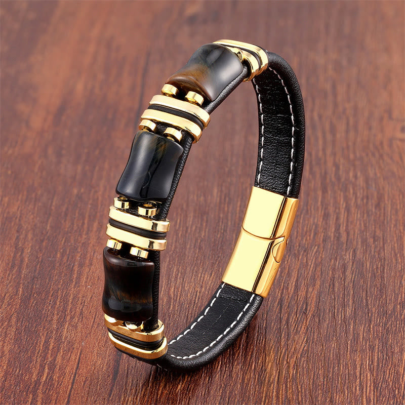 18-22cm Tiger Eye Protection Leather Bracelet with Bamboo Stones