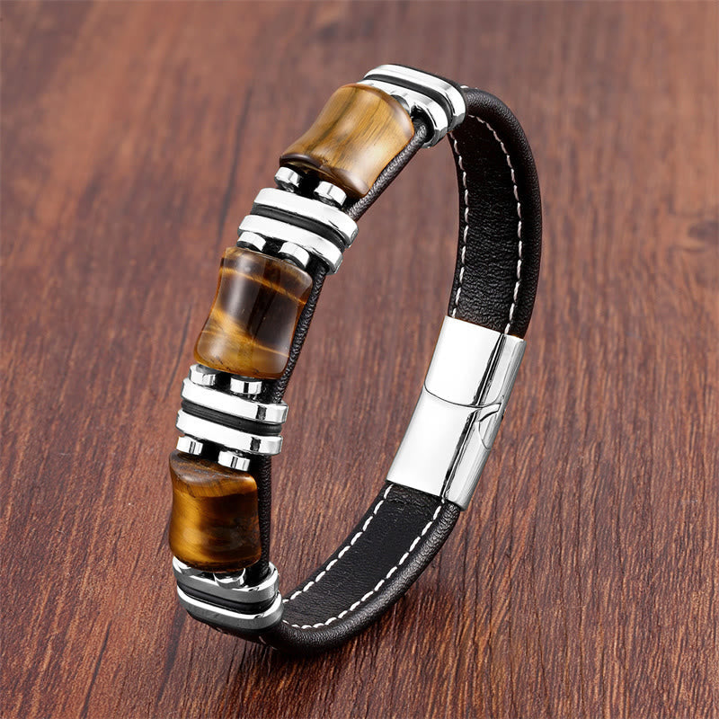 18-22cm Tiger Eye Protection Leather Bracelet with Bamboo Stones