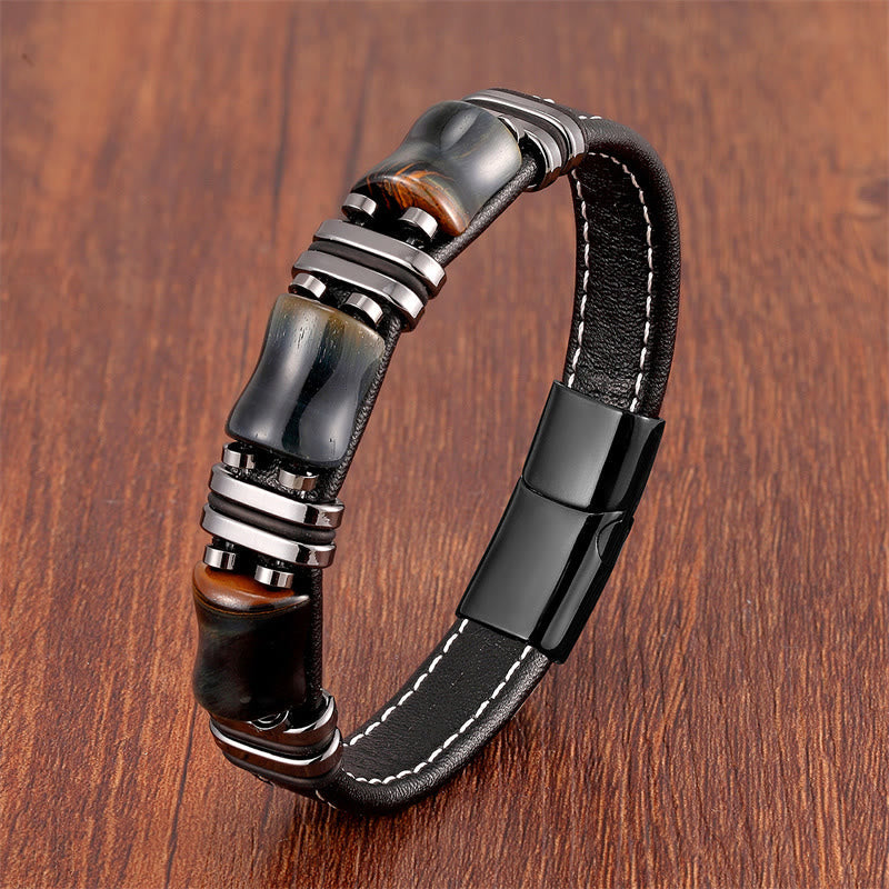 18-22cm Tiger Eye Protection Leather Bracelet with Bamboo Stones
