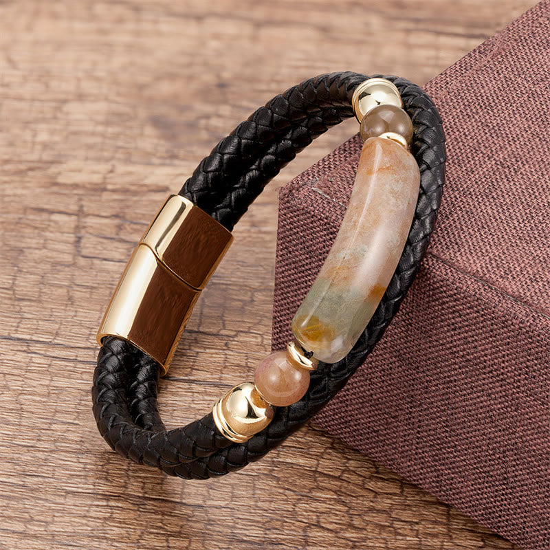 Gold Tiger Eye Leather Bracelet with Magnetic Buckle for Luck & Protection