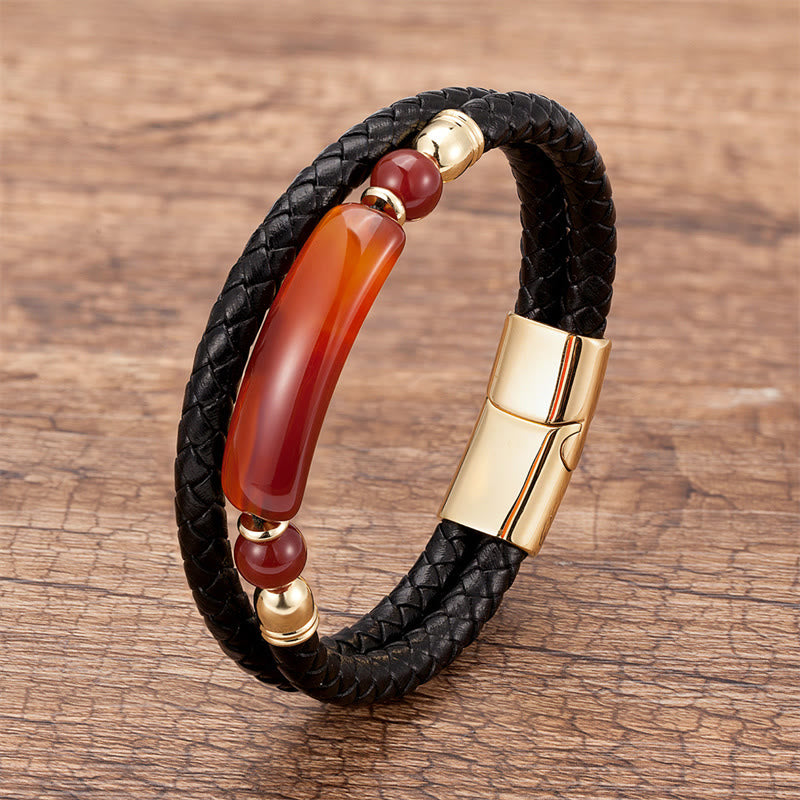 Gold Tiger Eye Leather Bracelet with Magnetic Buckle for Luck & Protection