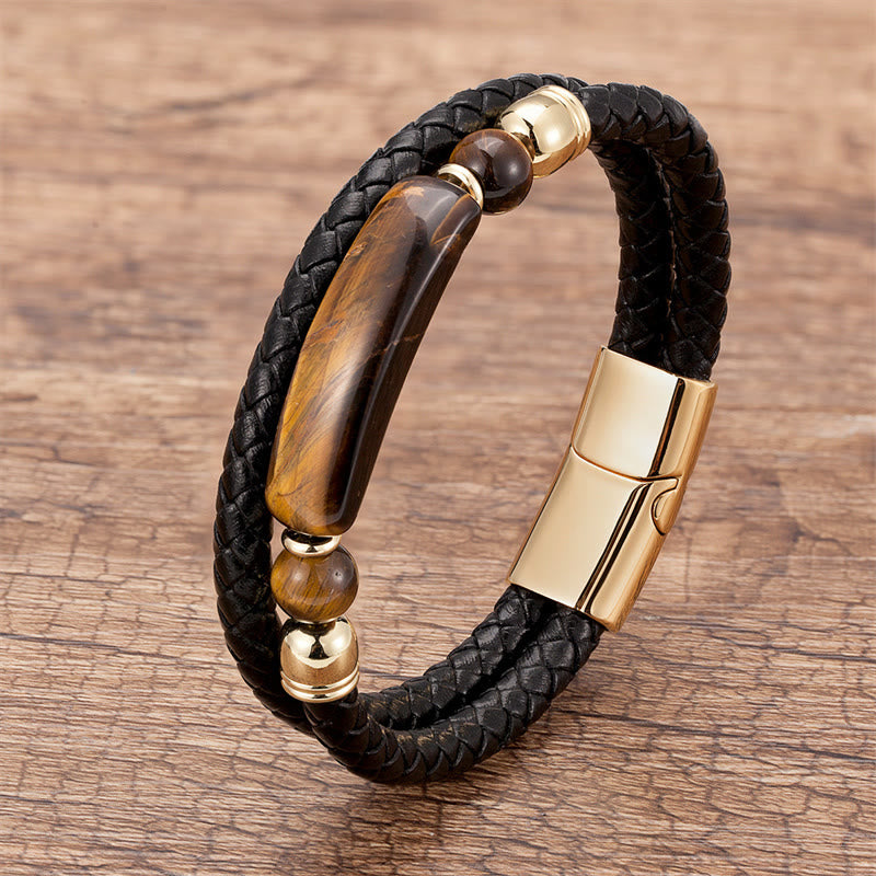 Gold Tiger Eye Leather Bracelet with Magnetic Buckle for Luck & Protection